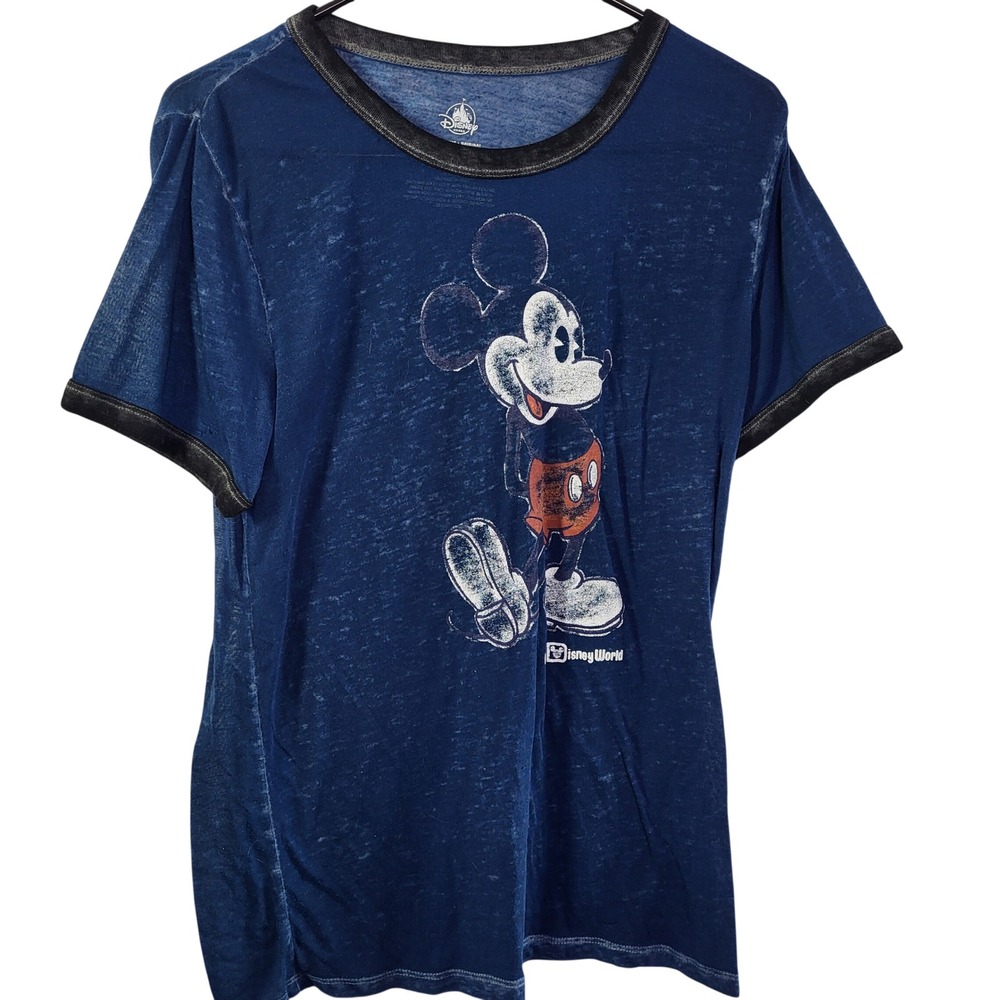 Disney Parks Mickey Mouse Ringer T-Shirt Navy Blue Burnout Graphic Tee Adult Sm